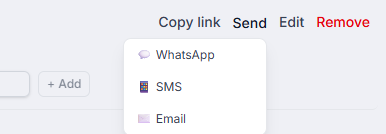 Invitely's real share menu: Copy link, WhatsApp, SMS, Email
