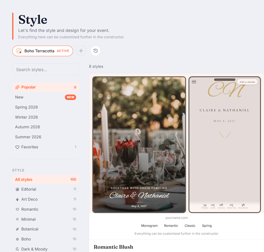 Invitely's real Style tab: choosing a designer theme