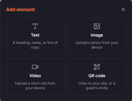 Invitely's real "Add element" modal: Text, Image, Video, and QR code